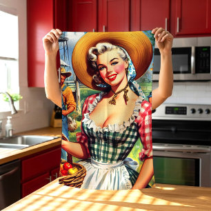 Linge De Cuisine Jolie Pin-Up de Fermier Vintage