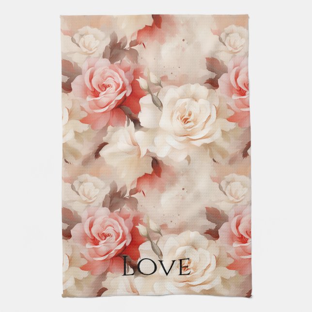 Linge De Cuisine Jolie rose florale crème rose blush (Vertical)