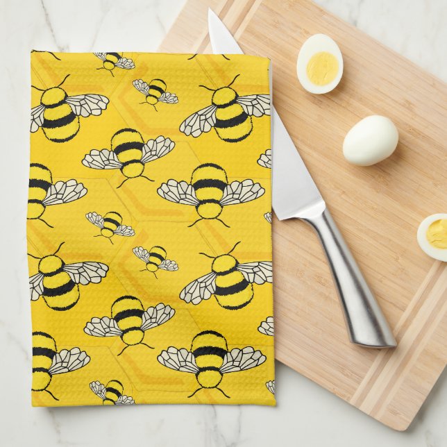 Linge De Cuisine Jolies abeilles caricaturales dans une ruche jaune (Quart Plié)