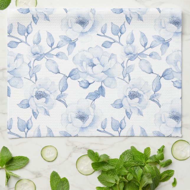 Linge De Cuisine Jolies Fleurs Bleues et Blanches Élégantes (Plié)