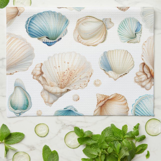 Linge De Cuisine Jour de mariage Aqua Cream Beach Shells (Plié)