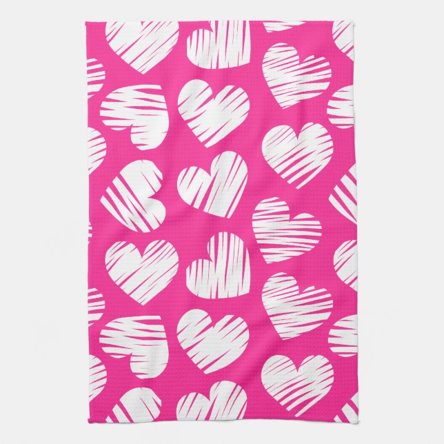 Linge De Cuisine Jour des Valentines du coeur rose et blanc moderne (Vertical)