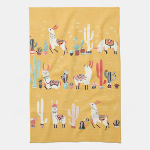 Linge De Cuisine Joyeuse lama aux fleurs et cactus Aquarelle