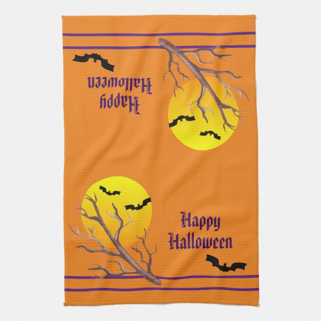 Linge De Cuisine Joyeuses chauves-souris d'Halloween et la lune (Vertical)