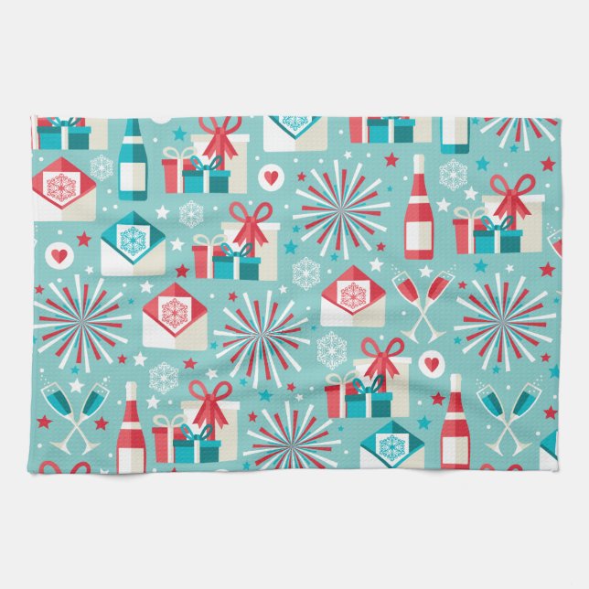 Linge De Cuisine Joyeuses fêtes Motif bleu et rouge Turquoise (Horizontal)