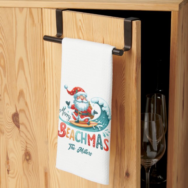 Linge De Cuisine Joyeux Beachmas Père Noël Surfing Retro Design (Pliage en tiers)