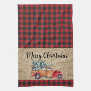 Linge De Cuisine Joyeux Buffalo de Noël Plaid Camion Vintage Arbre