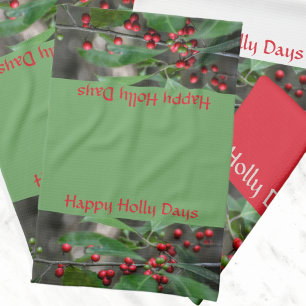 Linge De Cuisine Joyeux Holly Days Red Berries Green Holiday
