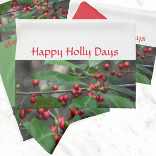 Linge De Cuisine Joyeux Holly Days Red Berries Photographic Holiday