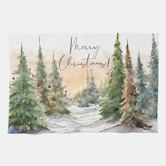 Linge De Cuisine Joyeux Noël Aquarelle Pine Arbres (Horizontal)