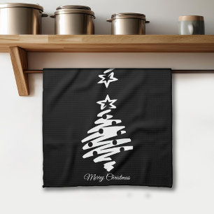 Linge De Cuisine Joyeux Noël Arbre Silhouette Noir Fête