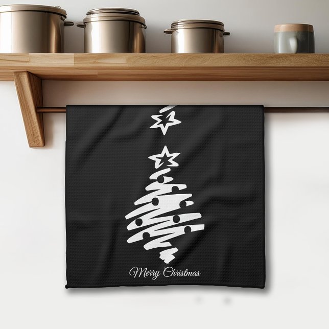 Linge De Cuisine Joyeux Noël Arbre Silhouette Noir Fête (Merry Christmas Tree Silhouette Black Holiday Kitchen Towel)