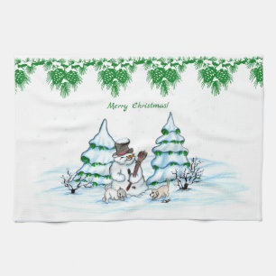 Linge De Cuisine Joyeux Noël ! Bonhomme de neige avec chat et chiot
