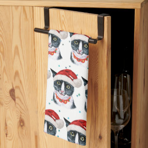 Linge De Cuisine Joyeux Noël Chat Noir et Blanc Aquarelle