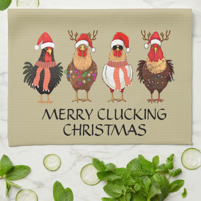 Linge De Cuisine Joyeux Noël de Clucking - Quatre poulets Père Noël (Plié)