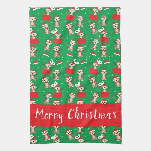 Linge De Cuisine Joyeux Noël mignon Singe Motif de vacances Rouge (Vertical)