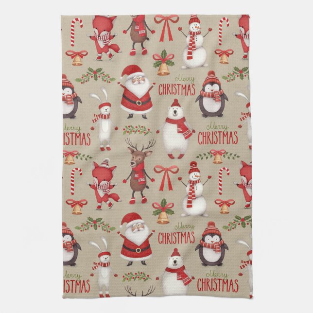 Linge De Cuisine Joyeux Noël Père Noël Et Amis (Vertical)