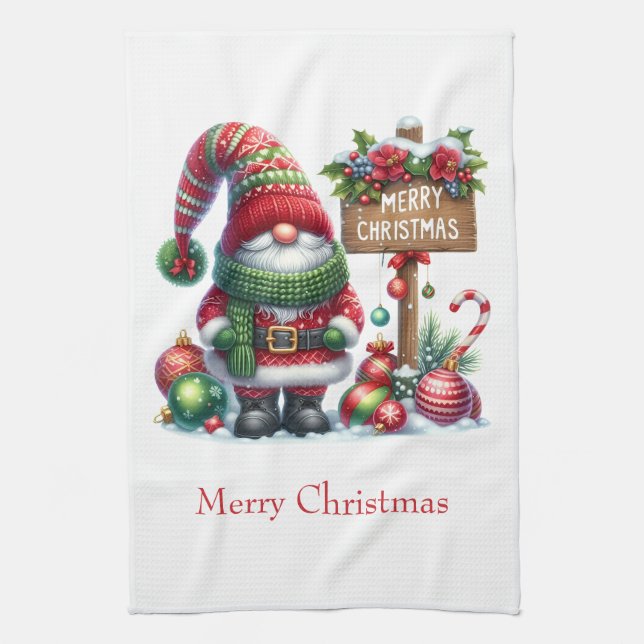 Linge De Cuisine Joyeux Noël personnalisé Père Noël Gnome (Vertical)