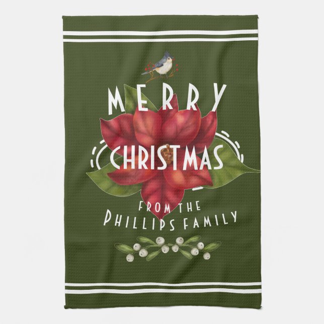 Linge De Cuisine Joyeux Noël personnalisé vert foncé blanc (Vertical)