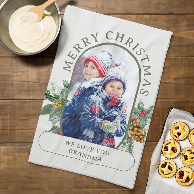 Linge De Cuisine Joyeux Noël photo Holly et Pine Personnalisé (Christmas Photo kitchen towel from the Rounded Lozenge Photo Collage collection)