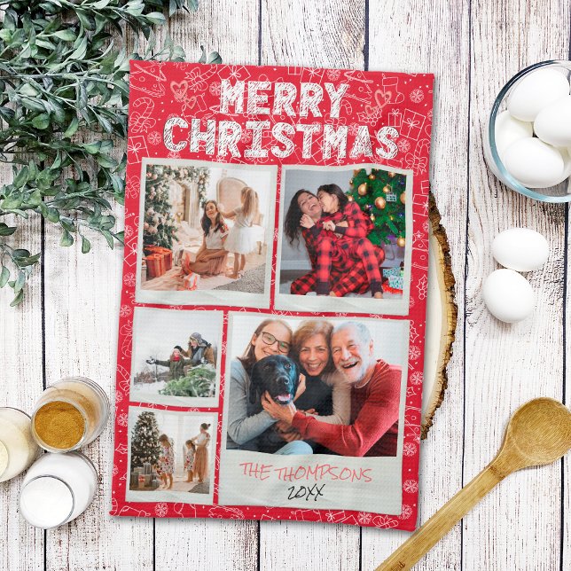 Linge De Cuisine Joyeux Noël Red Doodles 5 Photo Family Cadeau (Créateur téléchargé)