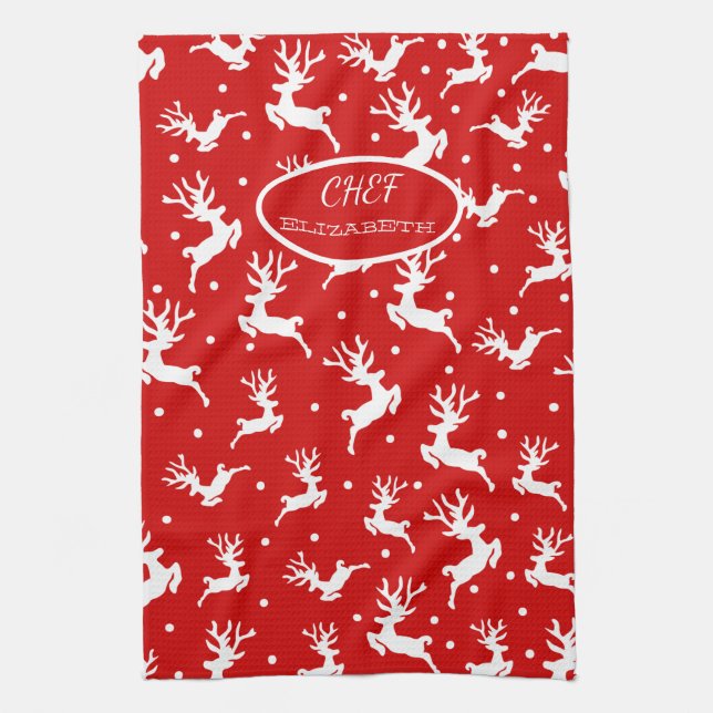 Linge De Cuisine Joyeux Noël Reindees Red Holiday (Vertical)