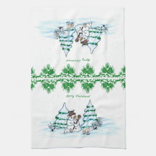 Linge De Cuisine Joyeux Noël ! Snowman avec chat et chiot