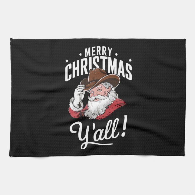 Linge De Cuisine Joyeux Noël Y'all Country Cowboy Père Noël (Horizontal)