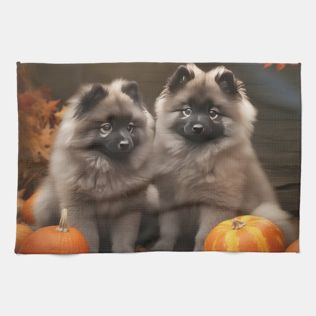 Linge De Cuisine Keeshond Chiot Automne Citrouille délice (Horizontal)