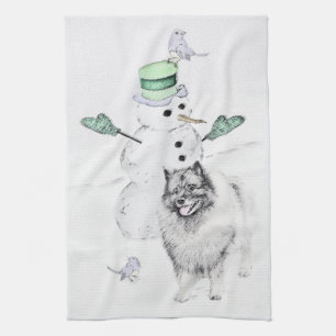 Linge De Cuisine Keeshond Noël Snowman Peinture Chien Art