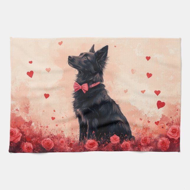 Linge De Cuisine Kelpie australienne avec Roses - Saint Valentin (Horizontal)