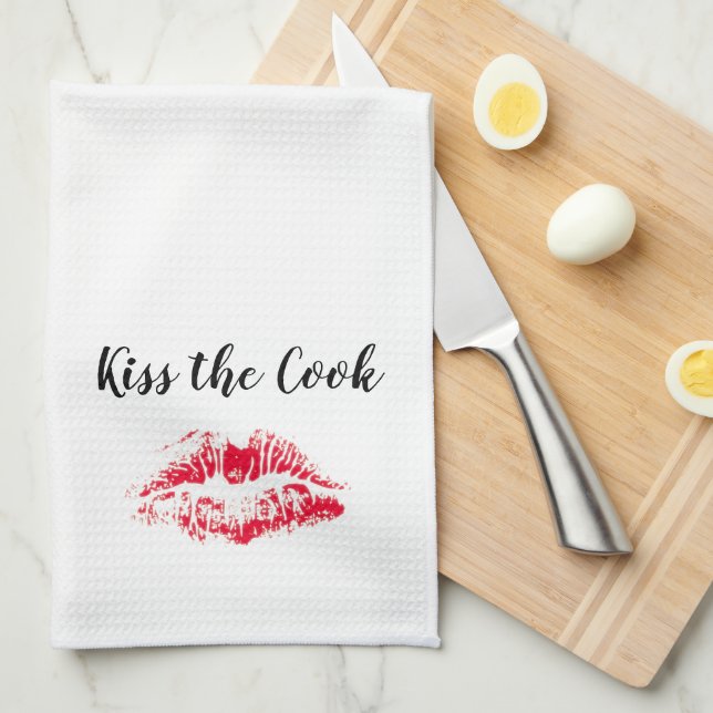 Linge De Cuisine Kiss the Cook Drôle Citation blanche Rouge Valenti (Quart Plié)