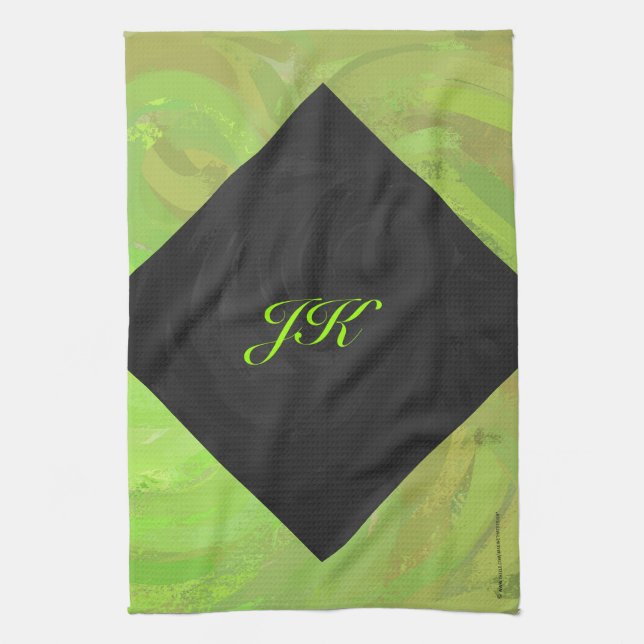 Linge De Cuisine Kiwi Bash Vert et noir Monogramme (Vertical)