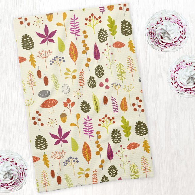 Linge De Cuisine La nature boisée (Nature leaves, pine cones and berries pattern art kitchen tea towel)