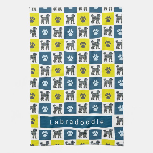 Linge De Cuisine Labradoodle Chien & Paw Yellow & Blue Grid Tea Ser (Vertical)