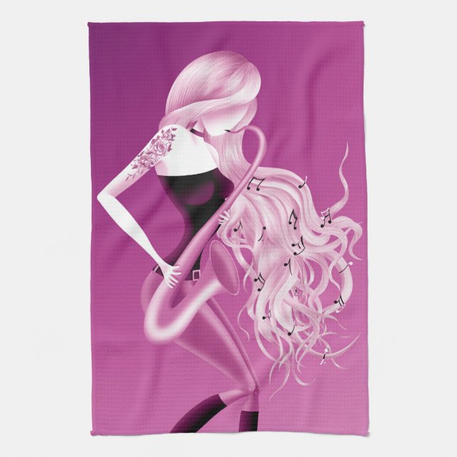 Linge De Cuisine Lady Saxophonist Pink Tea Towel (Vertical)
