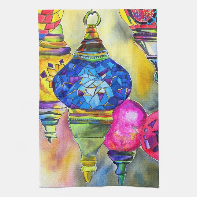 Linge De Cuisine Lampes turques mosaïque aquarelle art (Vertical)