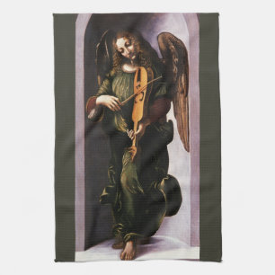 Linge De Cuisine L'ange de Léonard de Vinci en vert avec une Vielle