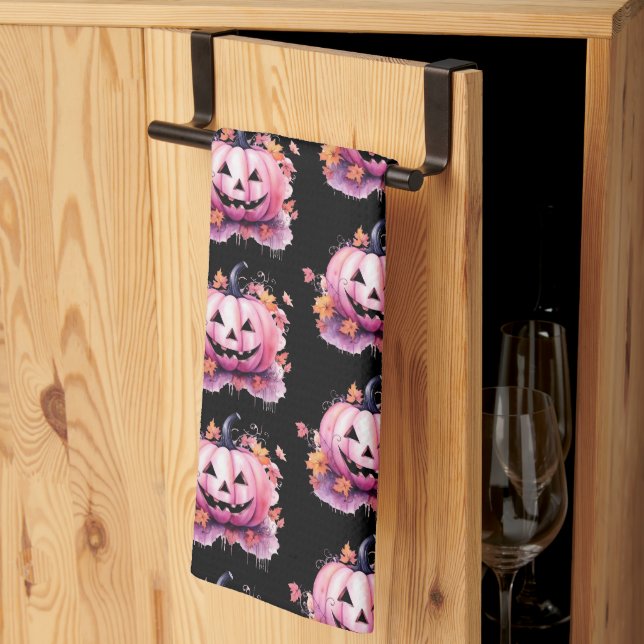 Linge De Cuisine Lanterne rose Jack-O' Orange Feuille Halloween noi (Pliage en tiers)