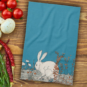 Linge De Cuisine Lapin blanc bouffant assis en fleurs sur le bleu f