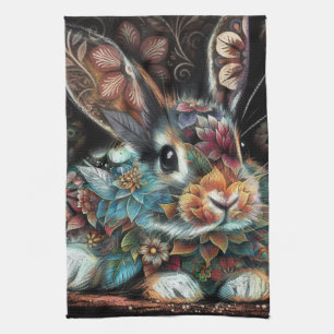 Linge De Cuisine Lapin de fantaisie floral abstrait noir sarcelle 