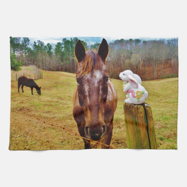 Linge De Cuisine Lapin de Pâques et cheval Brown (Horizontal)