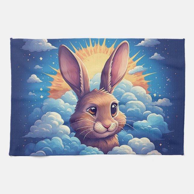Linge De Cuisine Lapin de Pâques fantaisiste dans les nuages 🐰☁️ P (Horizontal)