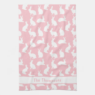 Linge De Cuisine Lapin rose et blanc motif et nom de Pâques