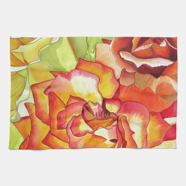 Linge De Cuisine L'art de l'aquarelle aux roses orange et jaune (Horizontal)