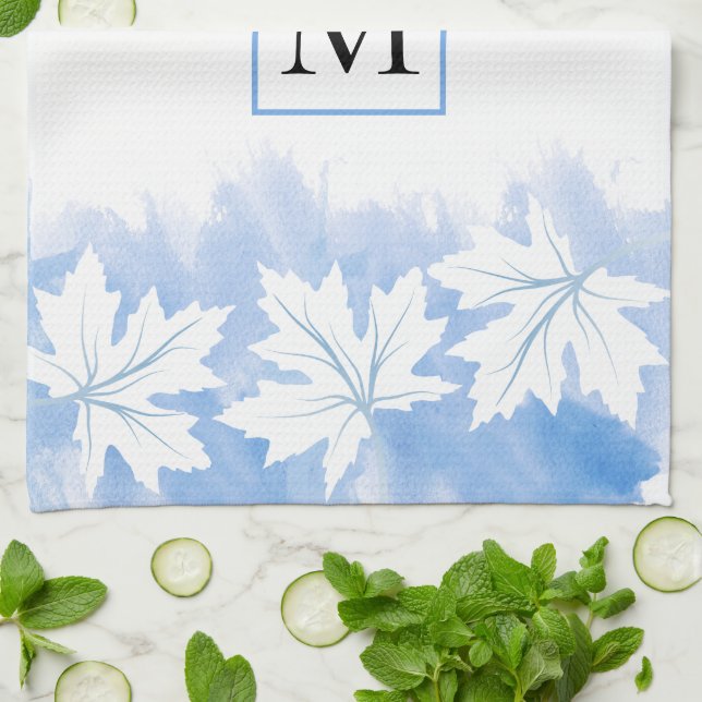 Linge De Cuisine Laver et monogramme bleu feuille d'érable (Plié)