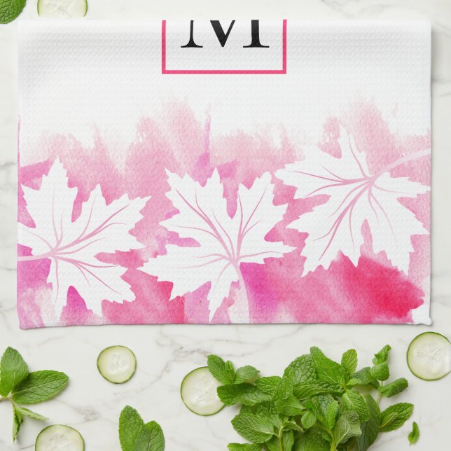 Linge De Cuisine Laver et monogramme d'aquarelle de la feuille d'ér (Plié)
