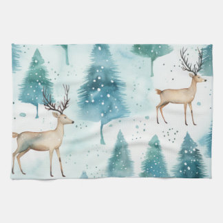 Linge De Cuisine Le Cerf D'Aquarelle En Forêt D'Hiver Noël