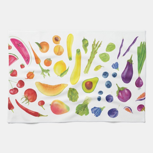 Linge De Cuisine Légumes arc-en-ciel aquarelle au marché agricole (Horizontal)