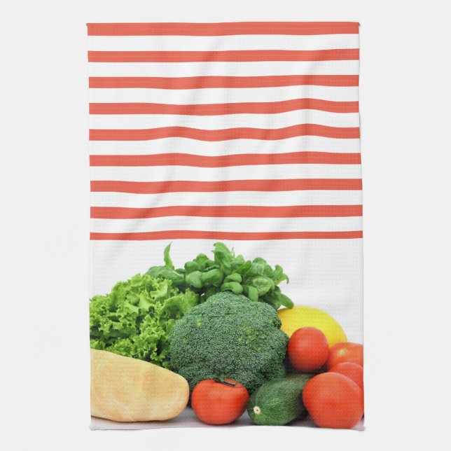 Linge De Cuisine Légumes sur Arrière - plan rayé rouge et blanc (Vertical)